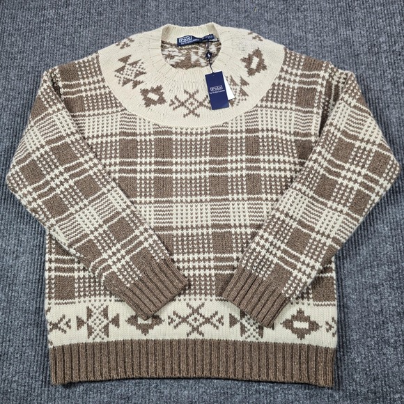 Polo Ralph Lauren Sweater Mens XL Brown Plaid Fair Isle Crewneck Knit Wool Linen